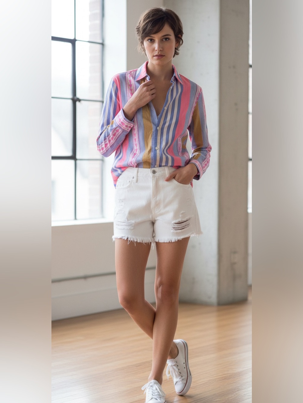 Le Superbe Pink, Blue & Tan Striped Button-Down Shirt | size 2